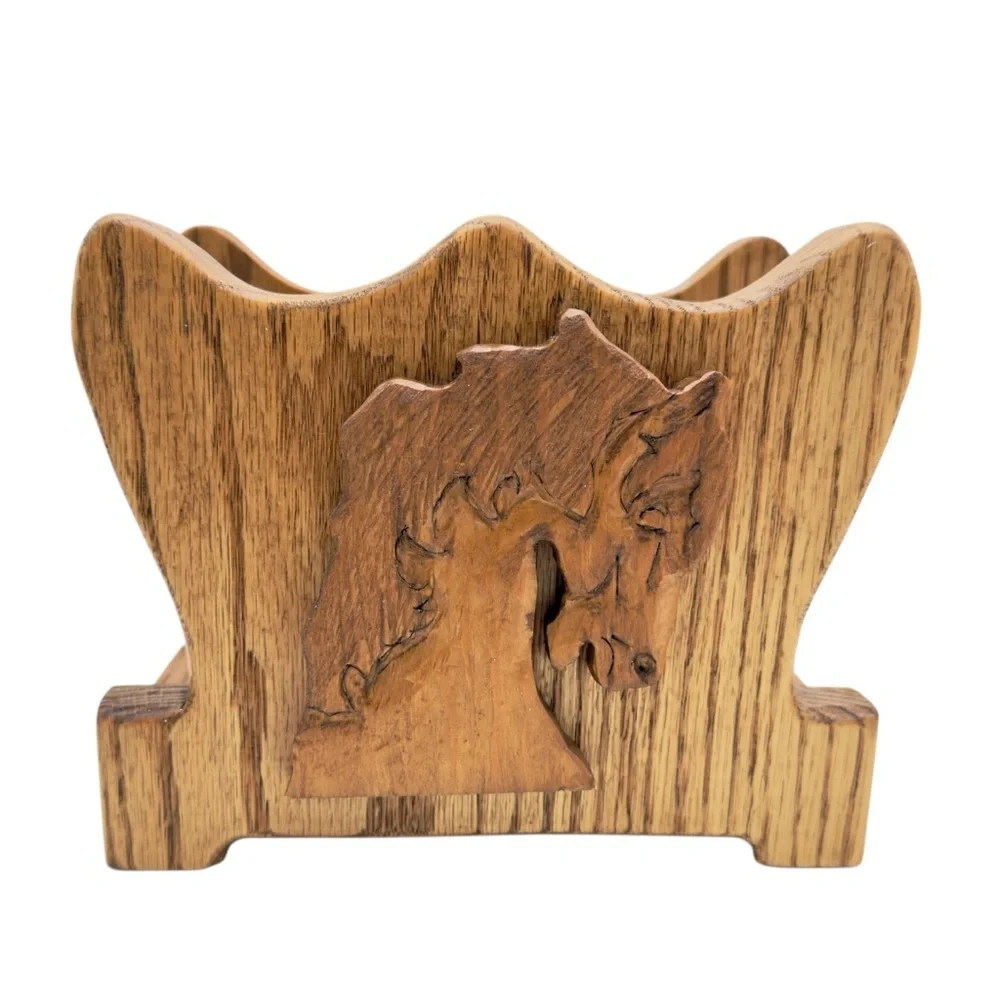 Vintage Hand Carved Wood Horse Letter Napkin Holder Equestrian Functional Decor